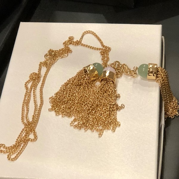 Alternate view of 14k Gold Plated Rose Quartz Jade Gemstone Couture Long Tassel Sweater Necklace