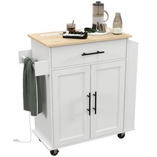 Kitchen Island Cart w/ Power Outlets, Drawer, Cabinet Spice Rack, White