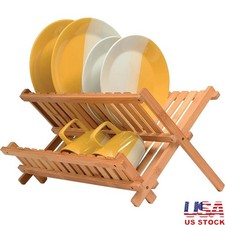 Collapsible Bamboo Dish Drying Rack 2-Tier Space Saving Countertop Organizer New