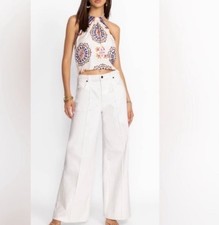 Johnny Was White Denim Wide-Leg Braided Waistband Cargo Pocket Jeans