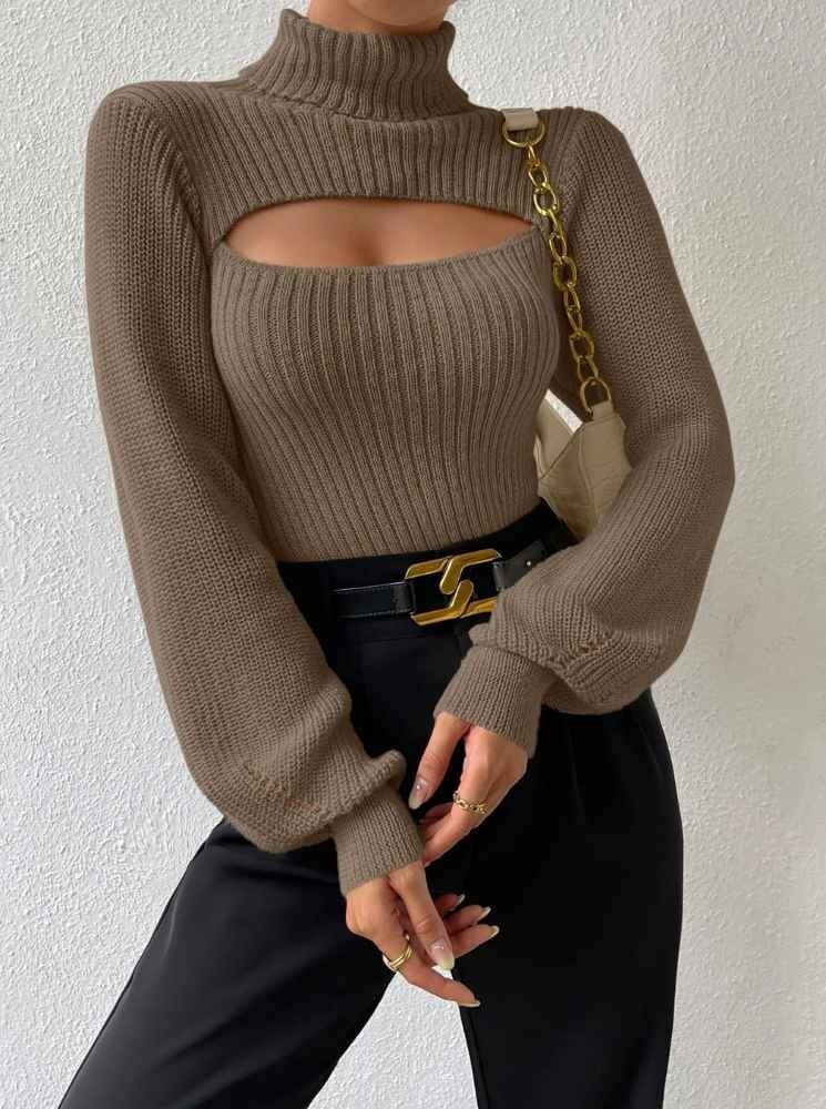 TOP PREIS❤ SHEIN Essnce Pullover mit Rollkragen, Ausschnitt, Öse Detail:  Braun🤎