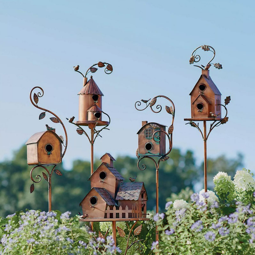 Metal Birdhouse Art Stake Outdoor Rustic Bird House Stand Garden Yard Decor - Picture 2 of 16