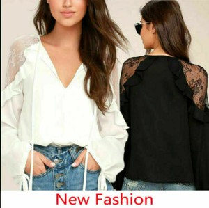 New-Women-Summer-Lace-Sexy-V-Neck-Long-Sleeve-Shirt-Blouse-Casual-Tops-T-Shirts