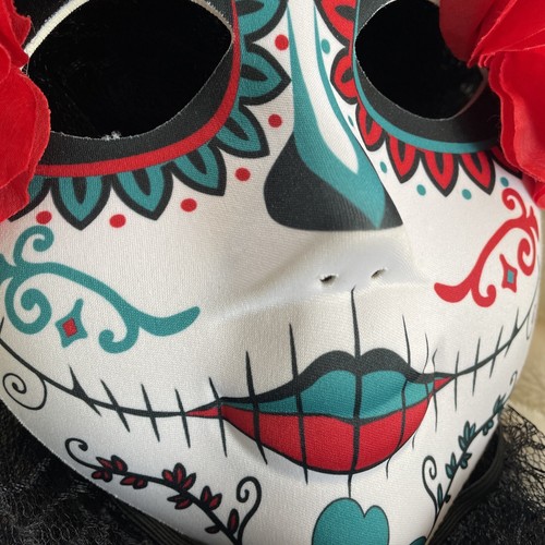 Day of Dead Sugar Skull Bride 32” Black Veil Halloween Masquerade Party Mask Red - Picture 6 of 6