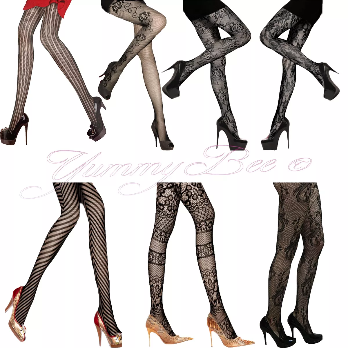 Black Patterned Tights Fishnet Floral Stripe Hearts Lace Women Side Seam  Sexy UK