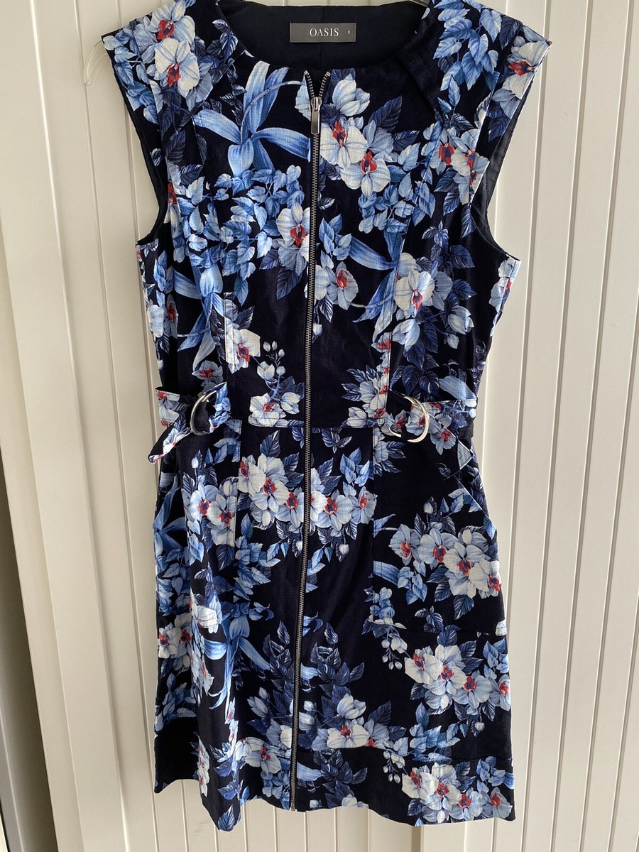Oasis Dress Blue Navy White Red Floral Zip Up Short Size UK
