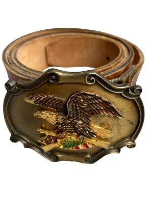 Raintree 1978 USA EAGLE OVER ARMS Leather Belt Brass Buckle Bald Eagle Sz 40-42