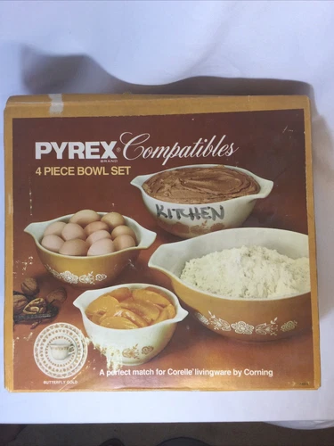 Vintage Pyrex Butterfly Gold White Yellow Mixing 4 piece Bowl Set New Sealed Box