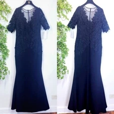 Teri Jon Dress Size 8 Maxi Floral V Neck Long Gown Illusion Trumpet Blue $600