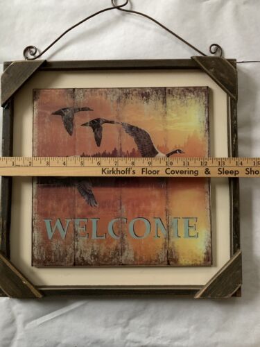 Rustic Wood Framed ‘Welcome’ Picture 14” X 14” Canadian Geese Wire Hanger Cabin - Picture 2 of 7