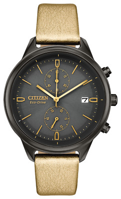 Citizen FB2007-04H Chandler 39 mm Black Mineral Case with Gold Leather Strap...