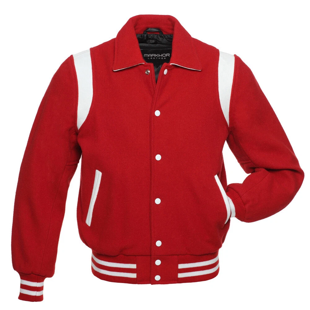 Letterman Baseball Moto Red Wool & Leather Bomber Biker Sports Varsity Jacket