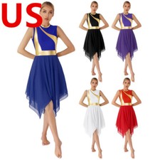 Womens Lyrical Dance Dresses Sleeveless Metallic Color Block Worship Costumes
