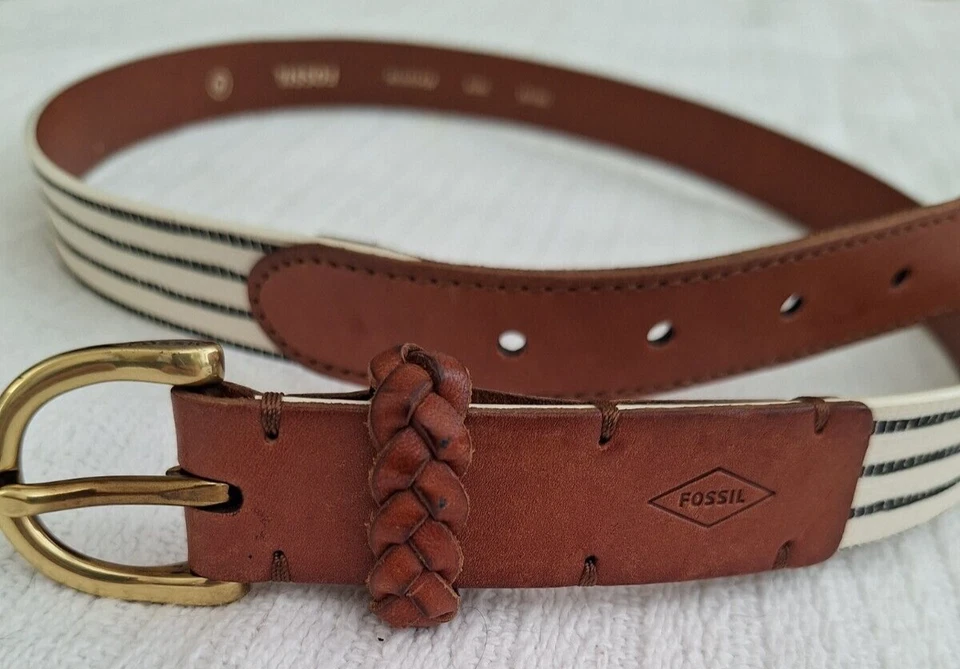 Vintage Fossil Belt Cream/Blue Stripe Leather Accent Size M Women's - Image 2 of 4