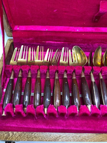 James Bronzeware Dessert Flatware Cutlery TeakWood Thailand Box Vintage 1960s - Picture 3 of 9