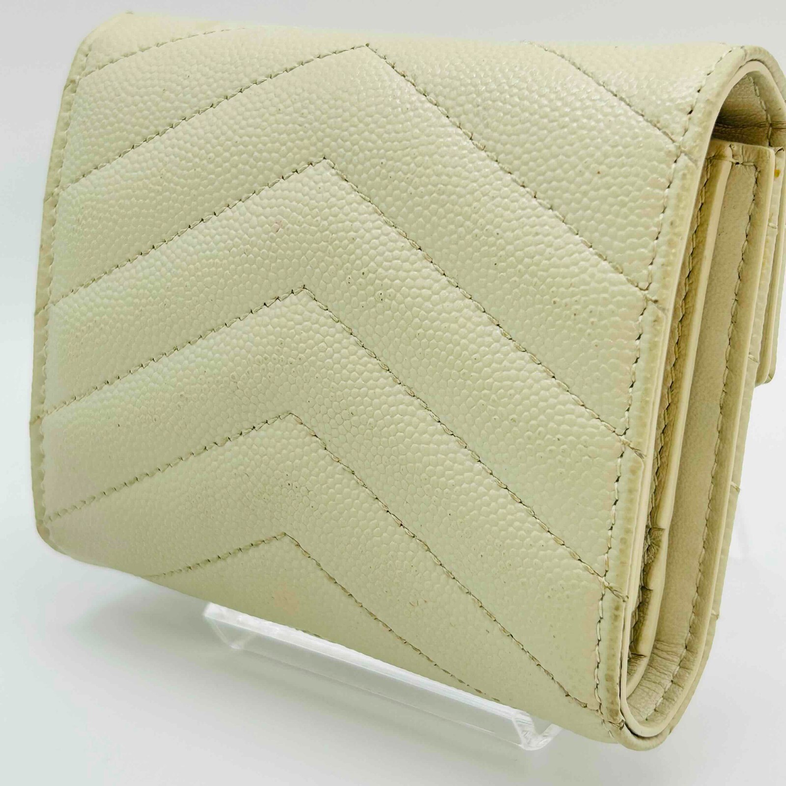 Saint Laurent Portafoglio Trif Compatto Pelle Avorio Logo YSL Autentico