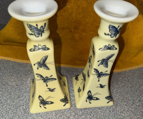 (2) Otagiri Porcelain Yellow Candlestick Holder Blue Butterflies 1995 8" Vintage - Picture 8 of 14