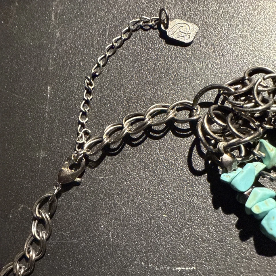 Винтажный черный обсидиан бирюза серебро тонированный подвеска ожерелье с подписью Yousi - Изображение 4 из 4