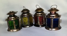 Set Of 4 Moroccan Lanterns Multi Glass Brass Metal Tealight Pillar Candle Holder