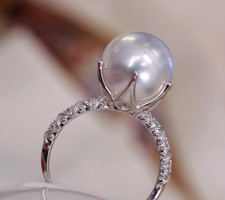 AAAA  S925 11-12mm real natural south sea white gold round pearl ring adjustable