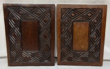 Vintage Pair of African Folk Art Hand Carved Wood Panel Plaques Geometric