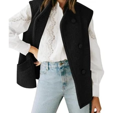 New Small Casual Button Down Sleeveless Wool Blend Vest Jacket in Black
