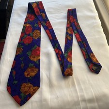Purple Floral Tie with Red Gold Rose Pattern Pure Silk Handmade in Carmel USA