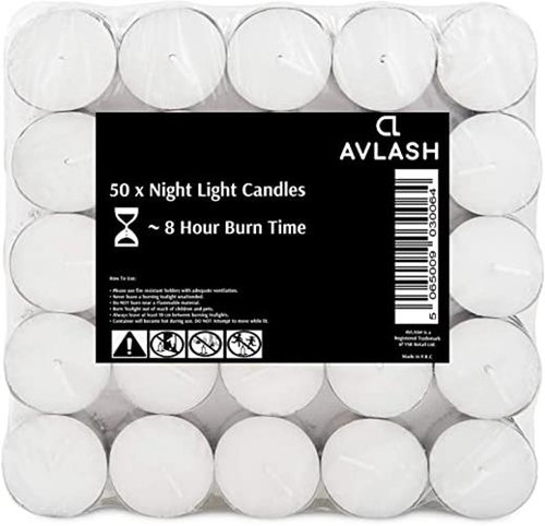 Avlash ® 8 Hour Tea Light Candles Pack of 50-8 Hour Burn Time - Shrink