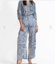 JOHNNY WAS SZ L LAUCHLEN WIDE LEG PANT DENIM PRINT WASHABLE SILK