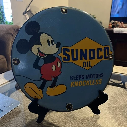 Mickey Mouse Sunoco Motor Oil Metal Porcelain Enamel Sign 12” Vintage Man Cave