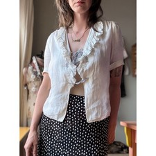 Vintage 80s Linen Blouse  Ivory Ruffle Open Front  Edwardian Revival  M/L