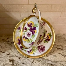 ROYAL CHELSEA Teacup and Saucer, 50s Vintage Purple pansies, Made in England.