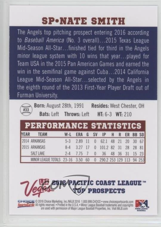 2016 Choice Pacific Coast League Top Prospects Nate Smith #33 - Image 2 of 2