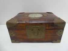 SHANGHAI CHINA TIMBER ETCHED BRASS BOUND INLAID JADE SILK VANITY JEWELLERY BOX