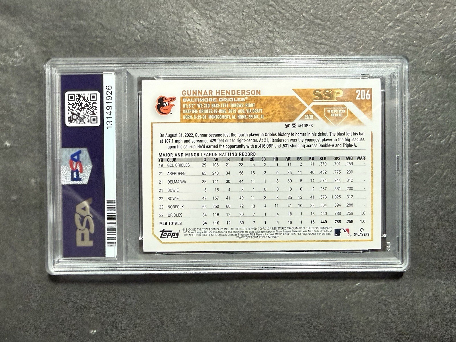 2023 Topps Gunnar Henderson #206 SSP Golden Mirror PSA 9 Rookie RC Orioles view 2