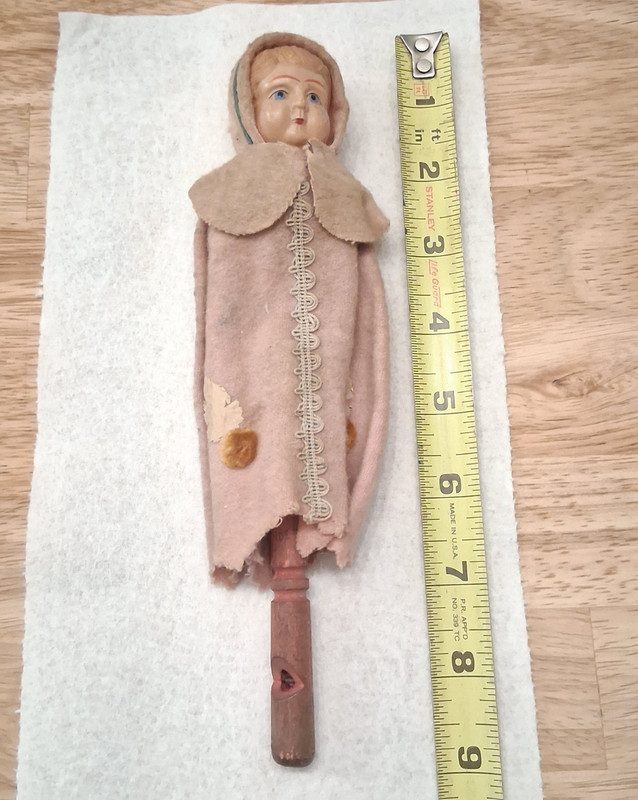 Antique Cloth Doll  Wooden Handle / Whistle
