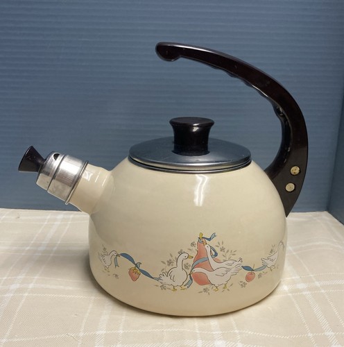 Vtg Marmalade Enamel Whistling Tea Kettle W/ Goose Design