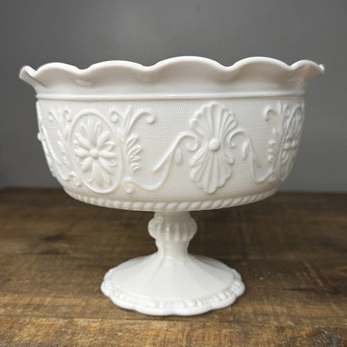 Vintage Indiana Glass Milk Glass Pedestal Compote Bowl Sandwich Pattern