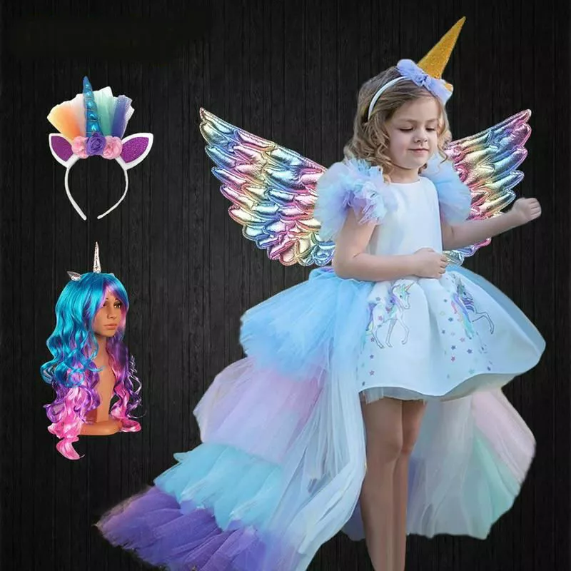 New Princess Rainbow Unicorn Birthday Dress Skirt Girls Fairy Party Kids  Clothes