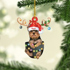 Yorkshire Terrier Dog Swing Ornament, Dog With Reindeer Hat Christmas Tree Decor