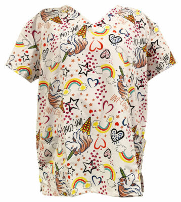 Serene Uniform Women's Medical Scrub Printed Tops White Unicorn Rainbow XL