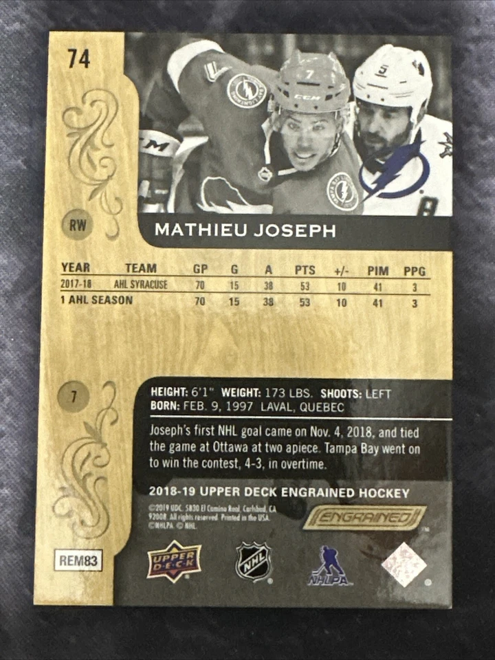 2018-19 Upper Deck Engrained Rookie 74 Mathieu Joseph Tampa Bay Lightning - Image 3 of 3