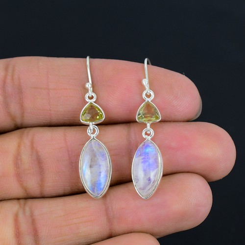Rainbow Moonstone & Citrine 925 Sterling Silver Drop Dangle Earrings E-3883 - Picture 3 of 5