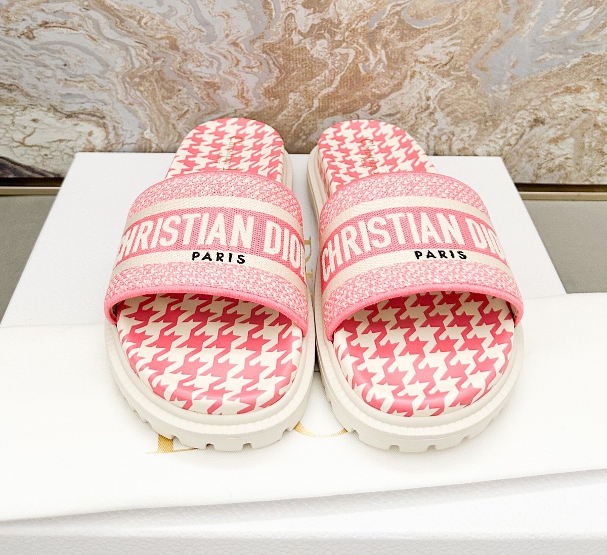 Christian Dior Canvas Houndstooth Embroidered Dway Slide Sandals