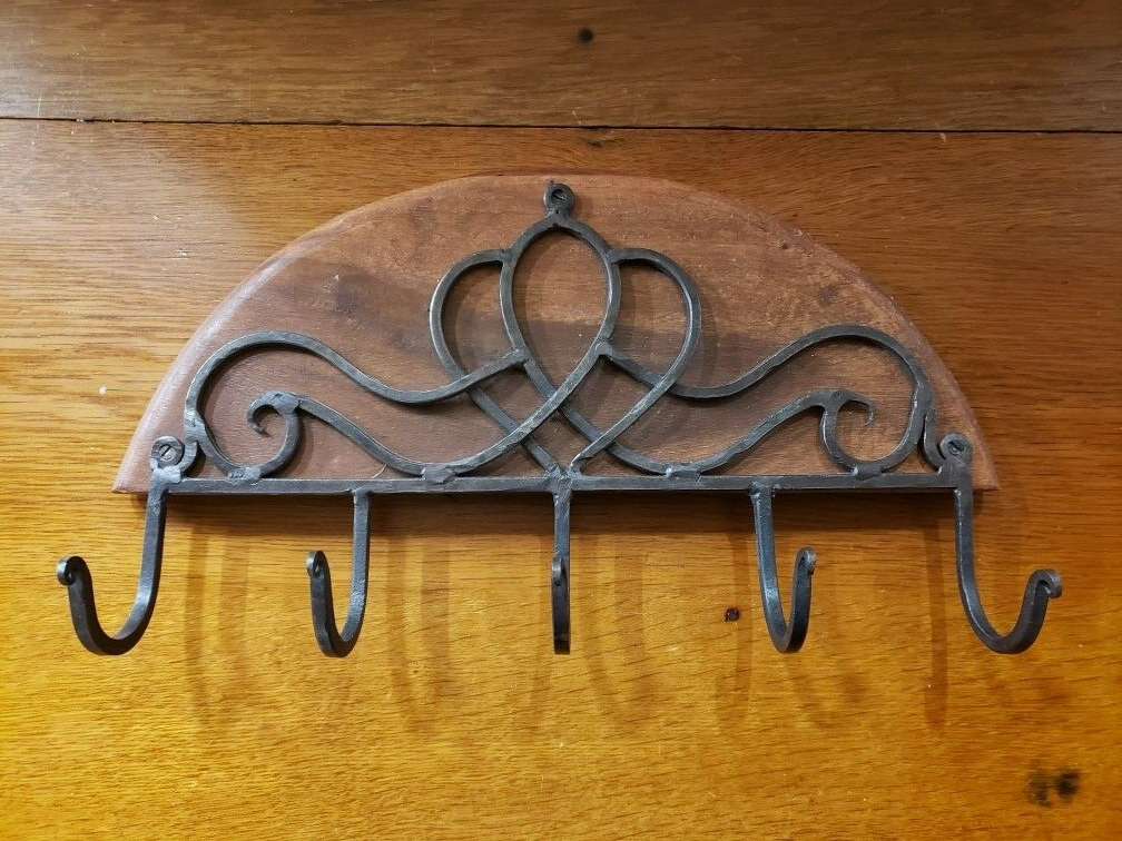 Decorative Rustic Wood and Cast Metal Wall Hanging with Hooks