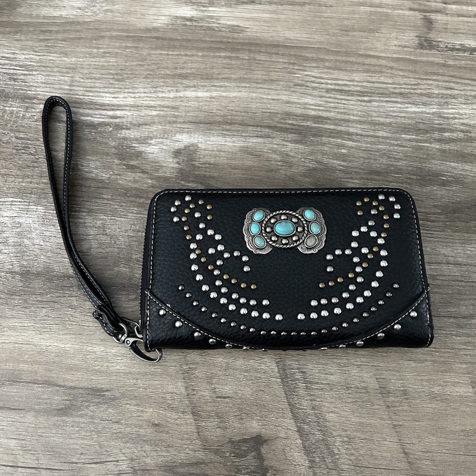 Shyanne Black Silver Studded Leather Wristlet Wallet with Zip