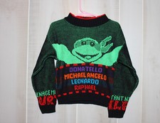 Vintage 1990 Black Knit Multicolored TMNT Turtle Graphic Boys Sweater "Donated..