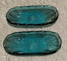 MCM Vintage Glass Nut Dish 1960s Sun Burst Pattern Blue-Green 2 for 1 