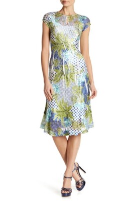 KOMAROV Dress S NWOT CAP SLEEVE KEYHOLE FIT FLARE BLUE POLKA