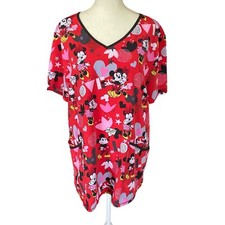 Disney women's Large red mickey and minnie mouse pullover short sleeve scrub top
